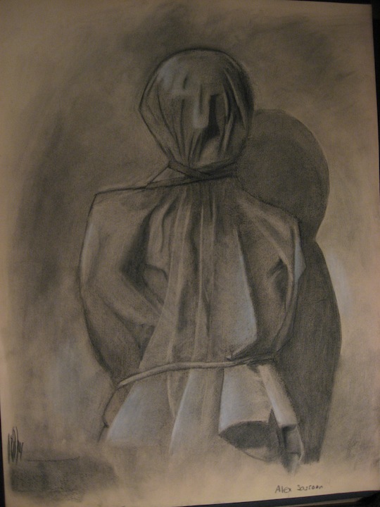 Draped still life in charcoal